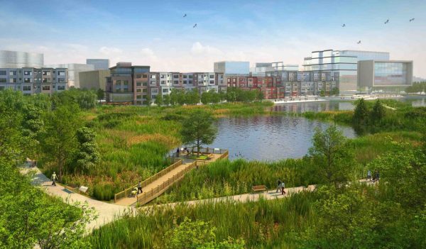 Rendering of pond and park area with buildings in the background